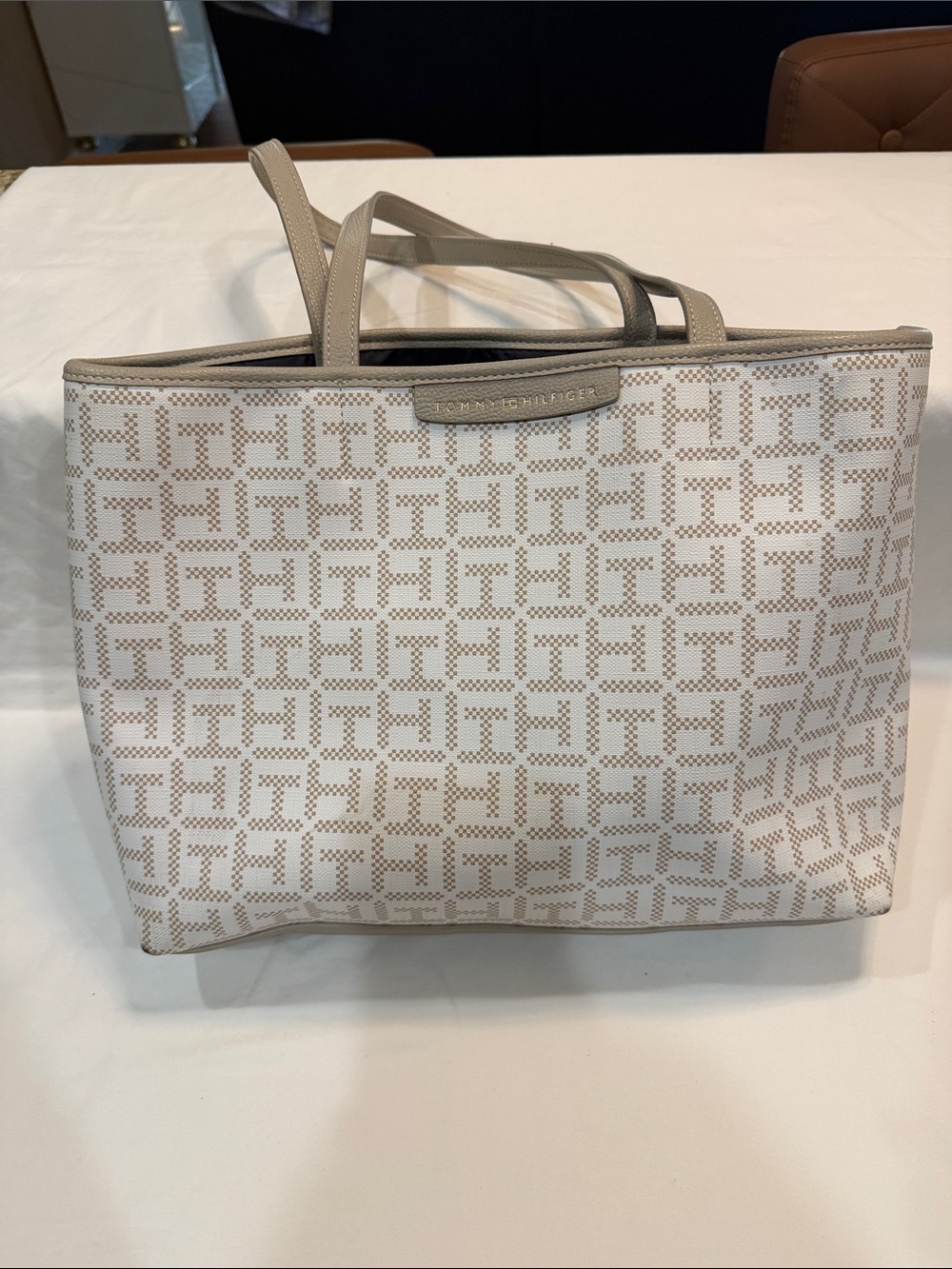 Tommy Hilfiger Beige Taupe Monogram leather Tote